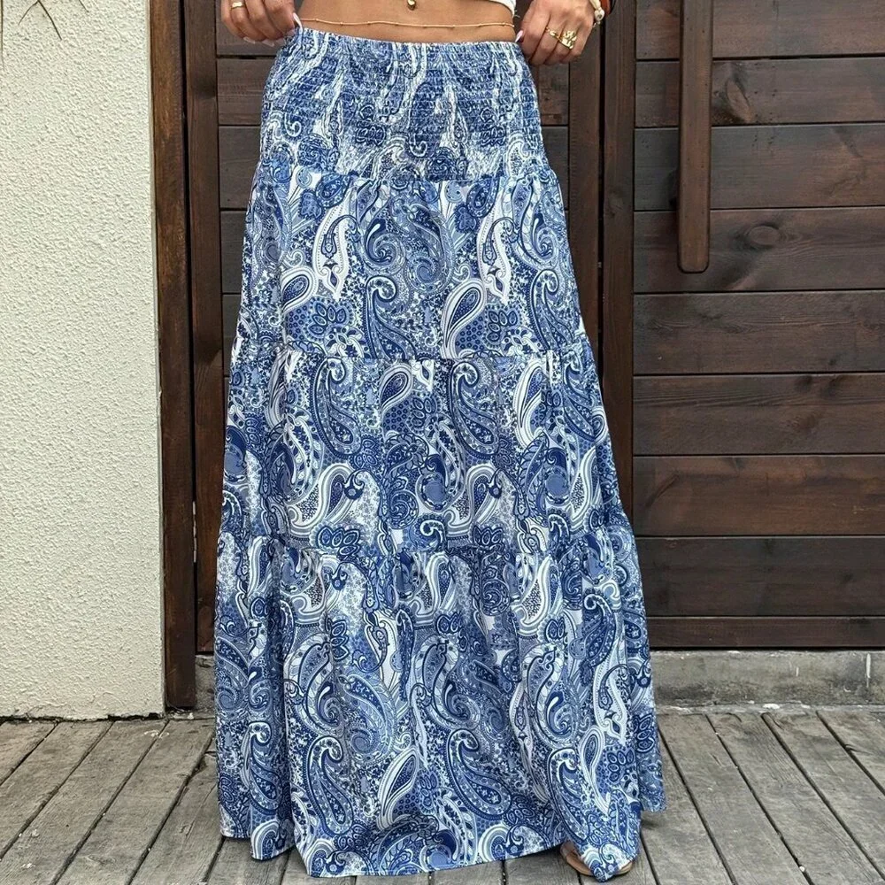 Blue Boho Women's Casual paisley Printed A-Line Long maxi Skirt